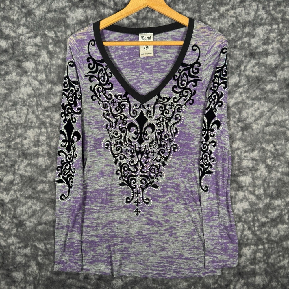 Vocal Rhinestone Long Sleeve Shirt Womens S Purple Y2K Goth Fleur De Lis Top